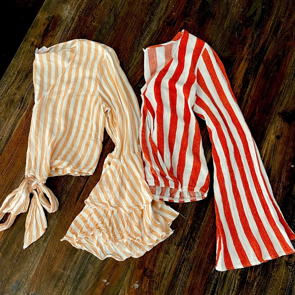 2 cropped bell bottom sleeve shirts